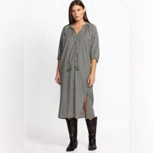 Johnny Was Calme Slit Ruffle Neck Cotton Midi Dress Olive Green M $298